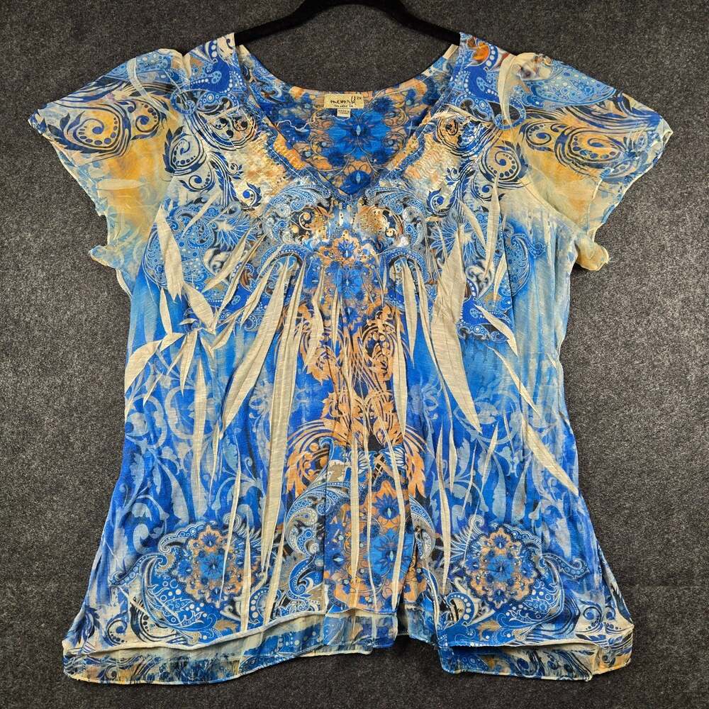 One World Top Blouse 2X Short Sleeve Sparkles Semi Sheer Lion Y2K Boho Festival